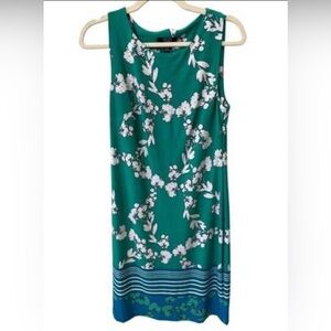 Chaps Teal Floral Sleeveless Midi Dress with Blue Border